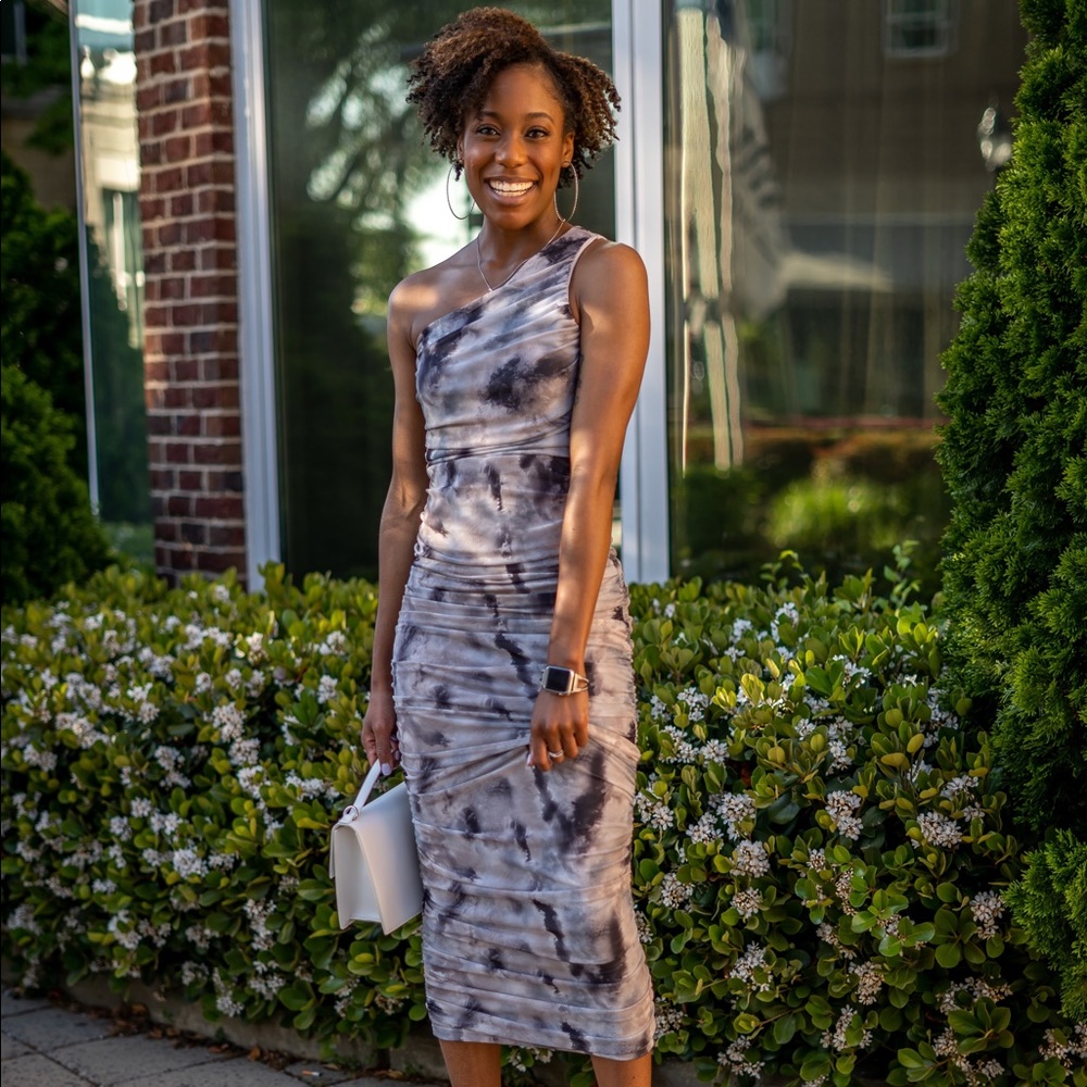 Grey & Navy Blue One Shoulder Midi Ruched Dress